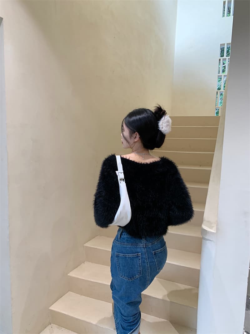 모방 밍크 울 V넥 보라색 스웨터 여자 봄 가을 순수한 욕망 핫걸 섹시함 오프숄더 맨위 인사이드 가져 가라. 니트 기본 셔츠 상세 이미지 29