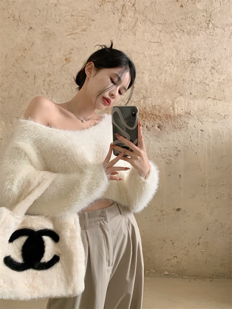 모방 밍크 울 V넥 보라색 스웨터 여자 봄 가을 순수한 욕망 핫걸 섹시함 오프숄더 맨위 인사이드 가져 가라. 니트 기본 셔츠 상세 이미지 31