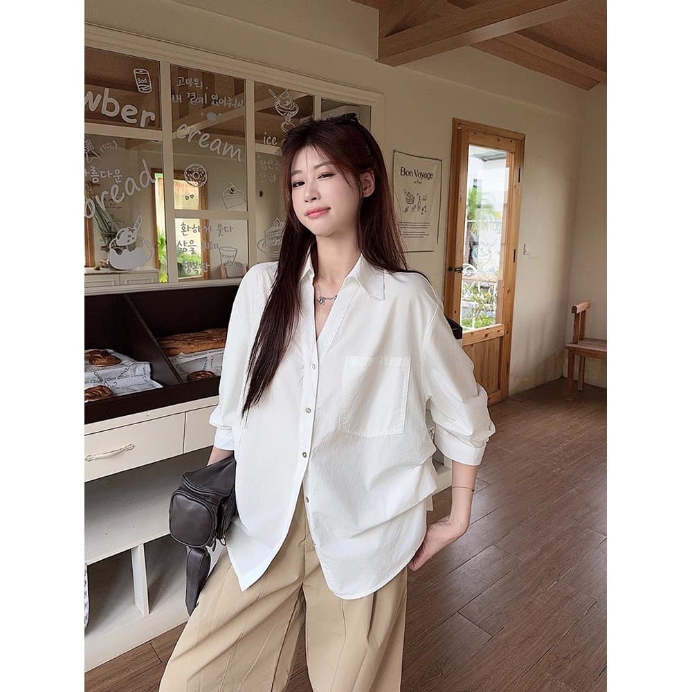 한 부서 디자인 V넥 거품 소매 화이트 셔츠 여성 의류 이른 가을 새로운 오래된 돈 바람 루즈핏 슬림해 보이는 허리 수축 맨위 이미지 2