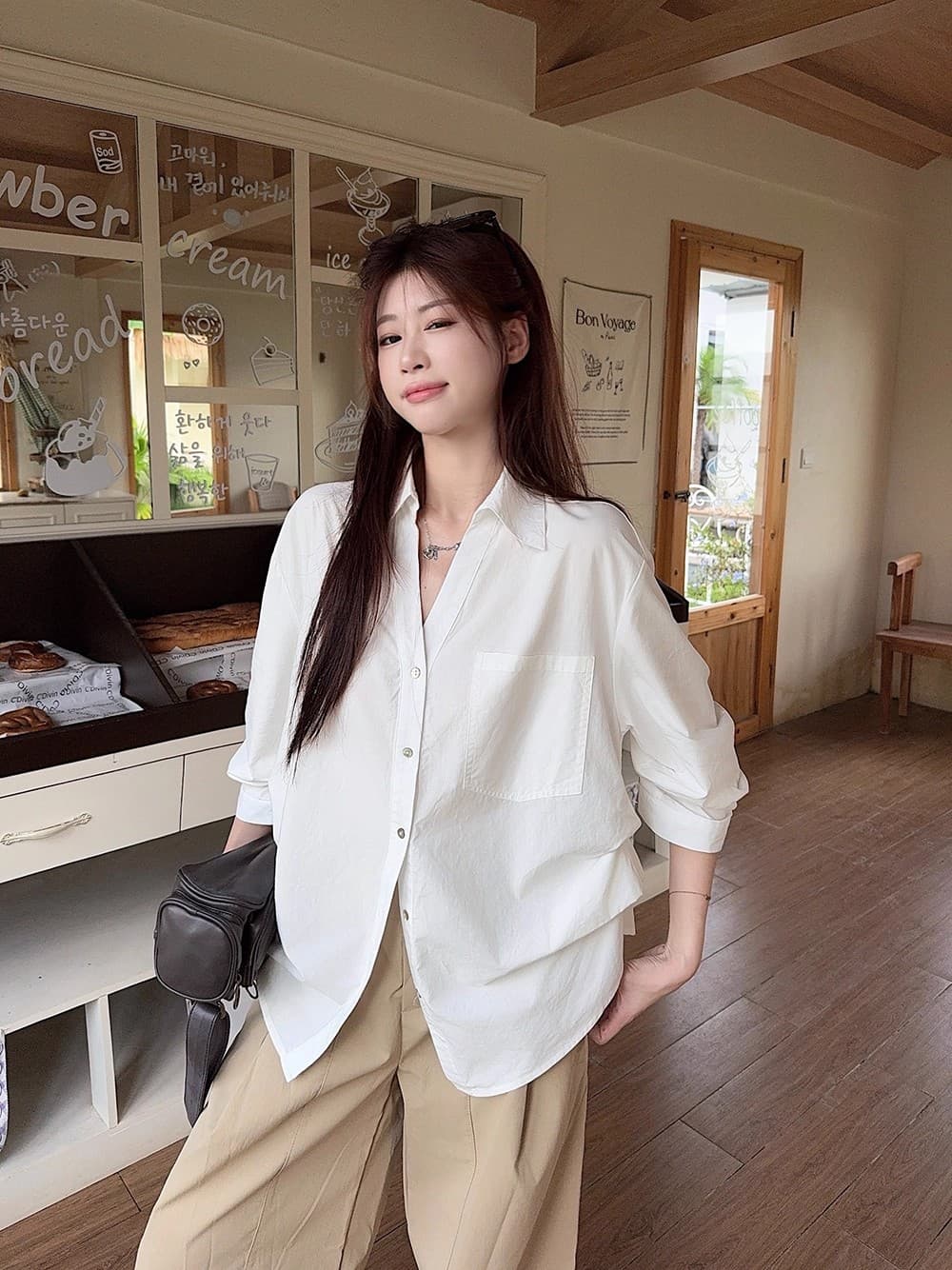 한 부서 디자인 V넥 거품 소매 화이트 셔츠 여성 의류 이른 가을 새로운 오래된 돈 바람 루즈핏 슬림해 보이는 허리 수축 맨위 상세 이미지 7