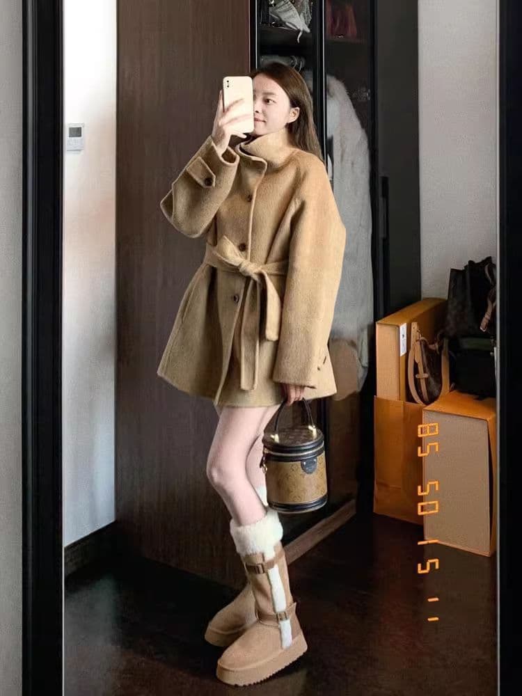 스탠드 칼라 쇼트 스타일 모직 코트 여성 2026 새로운 가을 겨울철 고급 센스 모직 외투 한 부서 작은 키 겨울 상세 이미지 18