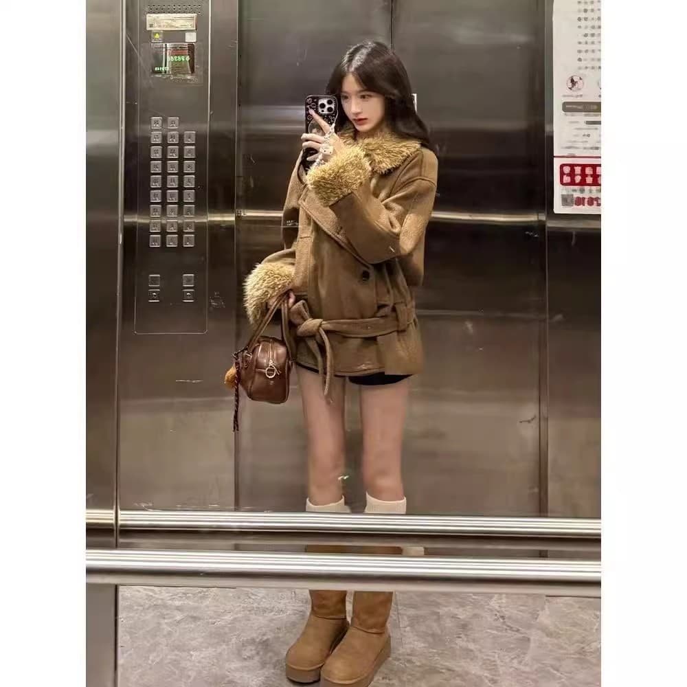 가을 겨울 머리 소매 모피 칼라 모직 코트 여성 2026 새로운 모직 외투 고유 한 슈퍼 잘 생긴 두꺼운 한 부서 쇼트 스타일 상세 이미지 5