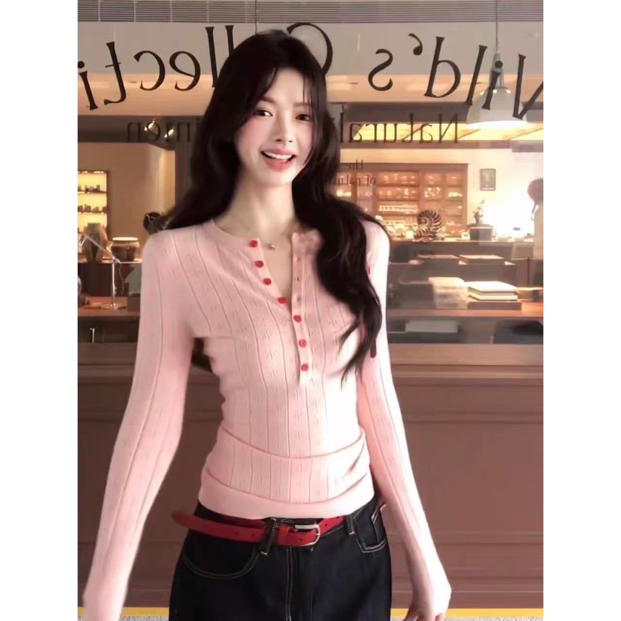 앤디 플러시 가을 겨울철 스웨터 여자 외출용 인사이드 가져 가라. 고급 센스 긴팔 맨위 디자인 센스 핑크색 니트 스웨터 상세 이미지 2
