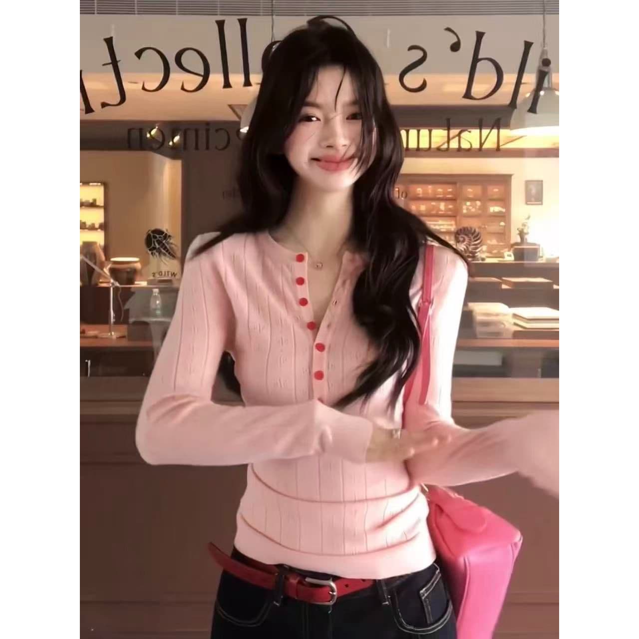 앤디 플러시 가을 겨울철 스웨터 여자 외출용 인사이드 가져 가라. 고급 센스 긴팔 맨위 디자인 센스 핑크색 니트 스웨터 상세 이미지 5