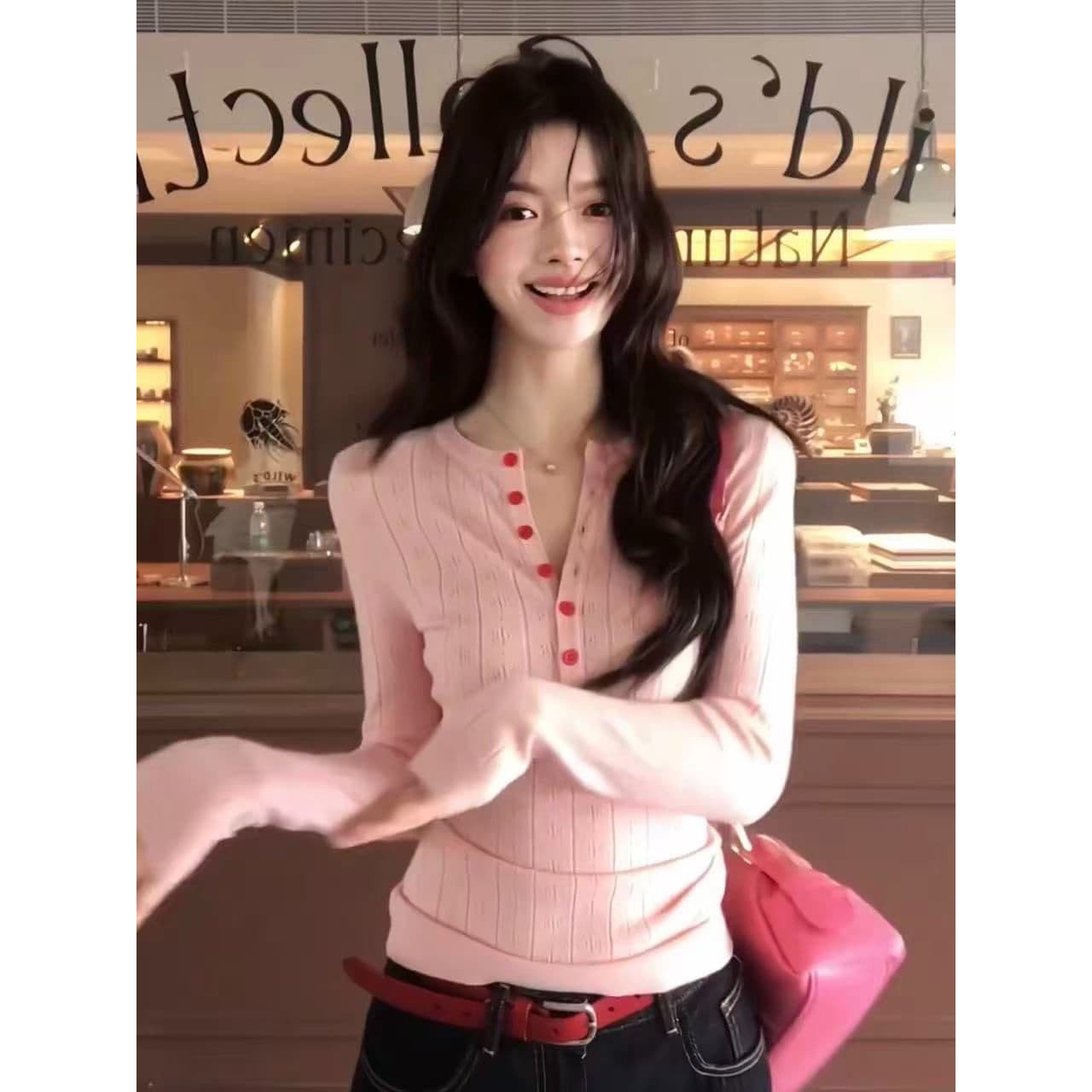 앤디 플러시 가을 겨울철 스웨터 여자 외출용 인사이드 가져 가라. 고급 센스 긴팔 맨위 디자인 센스 핑크색 니트 스웨터 상세 이미지 6