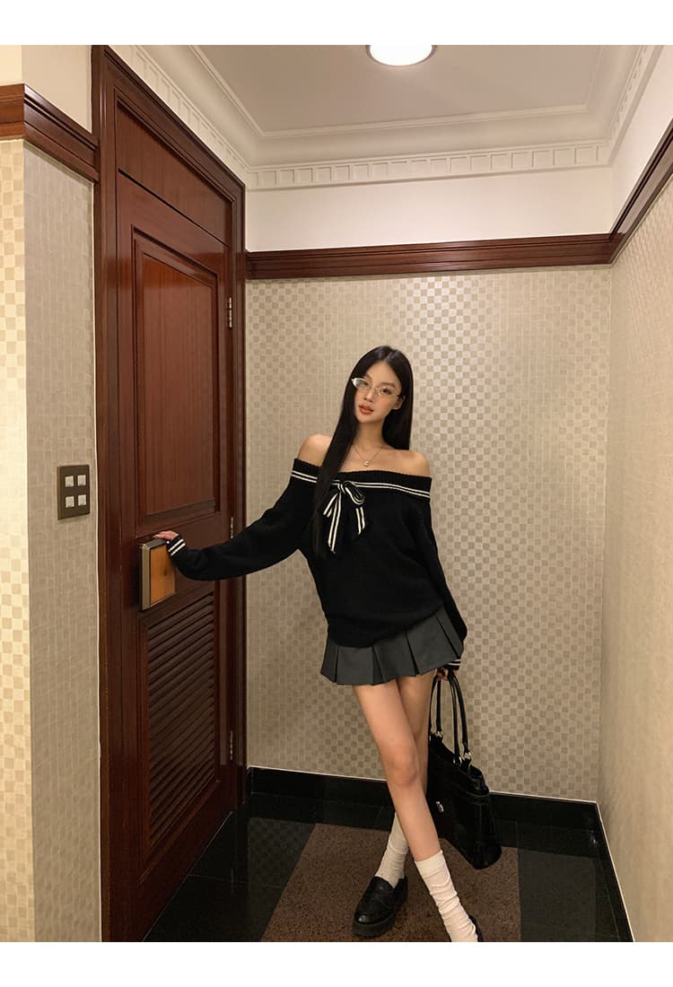 오프숄더 나비 매듭 니트 스웨터 여성 가을 겨울철 인기 폭발 몸매 가꾸기 순수한 욕망 오프숄더 스웨터 맨위 폭발 상세 이미지 9