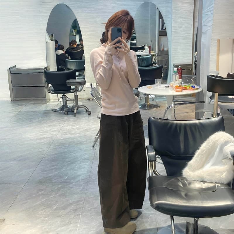 품격 핑크색 단추 반하이넥 긴팔 니트 스웨터 여성 봄 가을 새로운 느긋한 바람 보온 디자인 센스 맨위 트렌디 상세 이미지 3