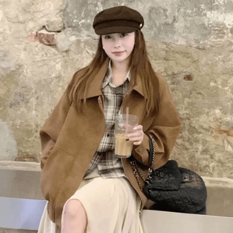 원본 것 아메리칸 스웨이드 원단 폴로 칼라 여성 코트 가을 겨울 루즈핏 패션 두꺼운 브라운 캐주얼 재킷 맨위 이미지 2