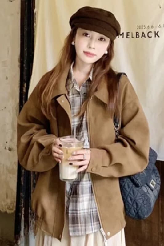 원본 것 아메리칸 스웨이드 원단 폴로 칼라 여성 코트 가을 겨울 루즈핏 패션 두꺼운 브라운 캐주얼 재킷 맨위 이미지 6