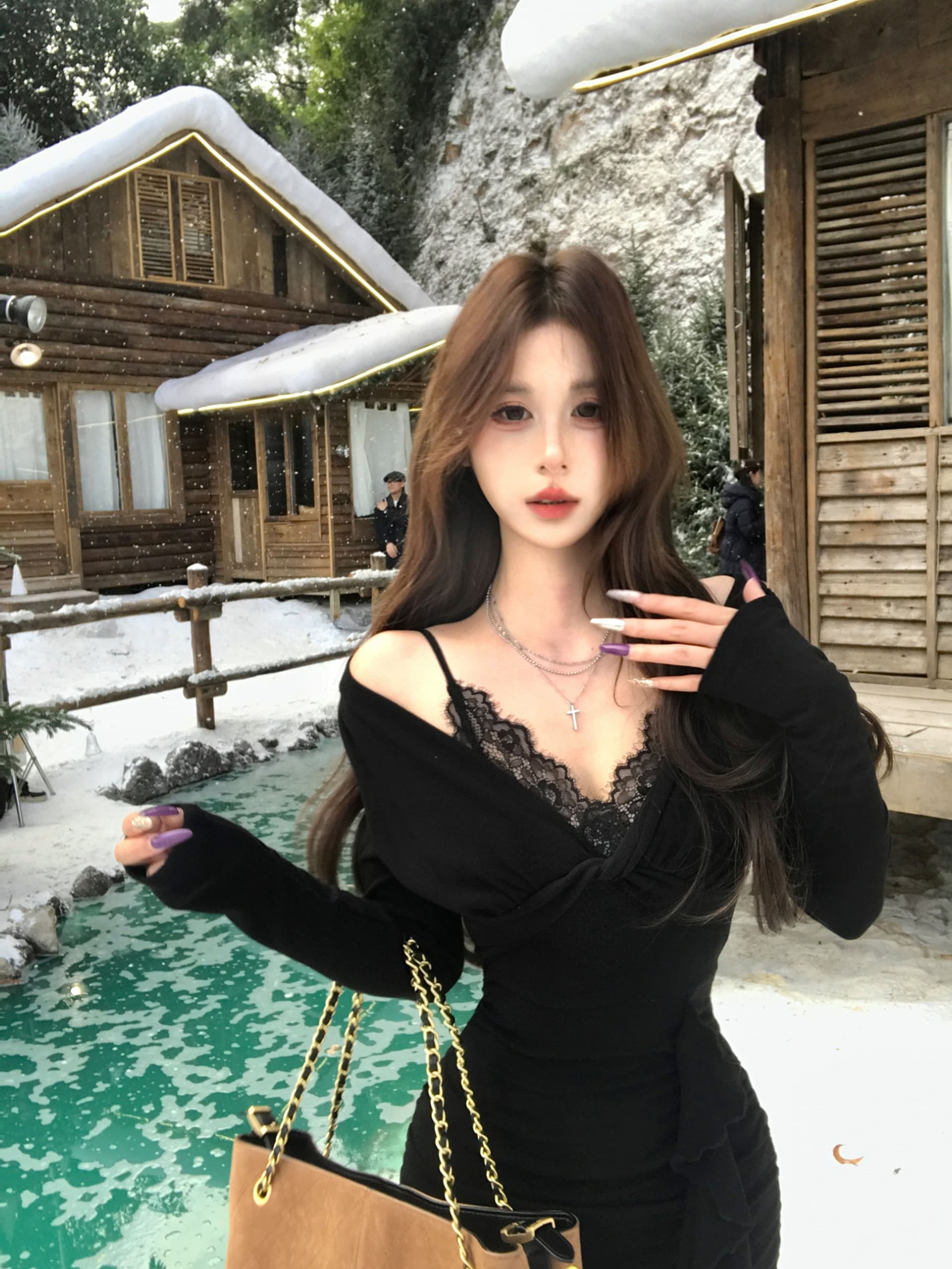 와 사고 방식 순수한 욕망 핫걸 니트 V넥 레이스 조각 여성 드레스 가을 겨울 프릴 블랙 치마 이미지 2