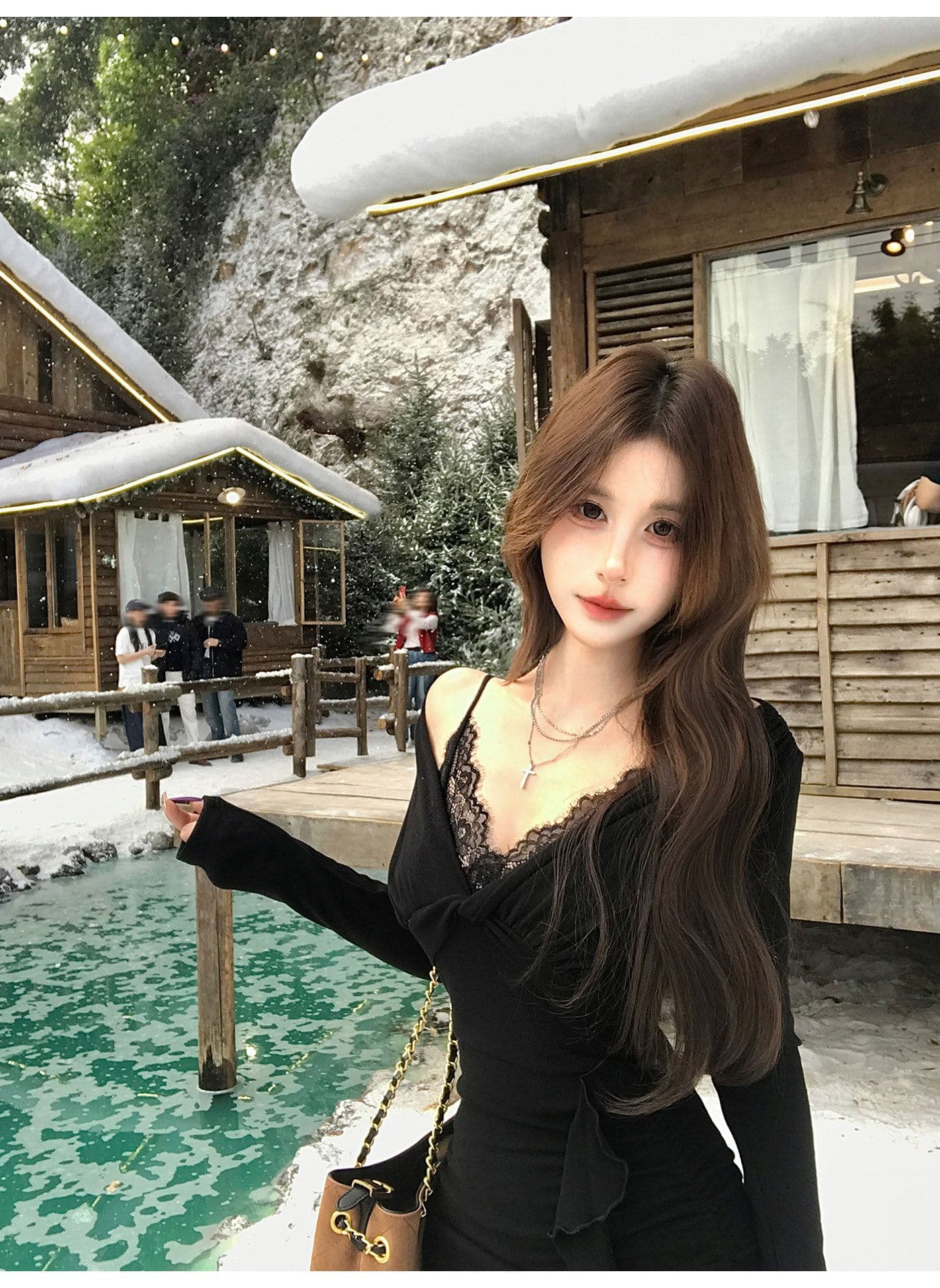와 사고 방식 순수한 욕망 핫걸 니트 V넥 레이스 조각 여성 드레스 가을 겨울 프릴 블랙 치마 상세 이미지 4