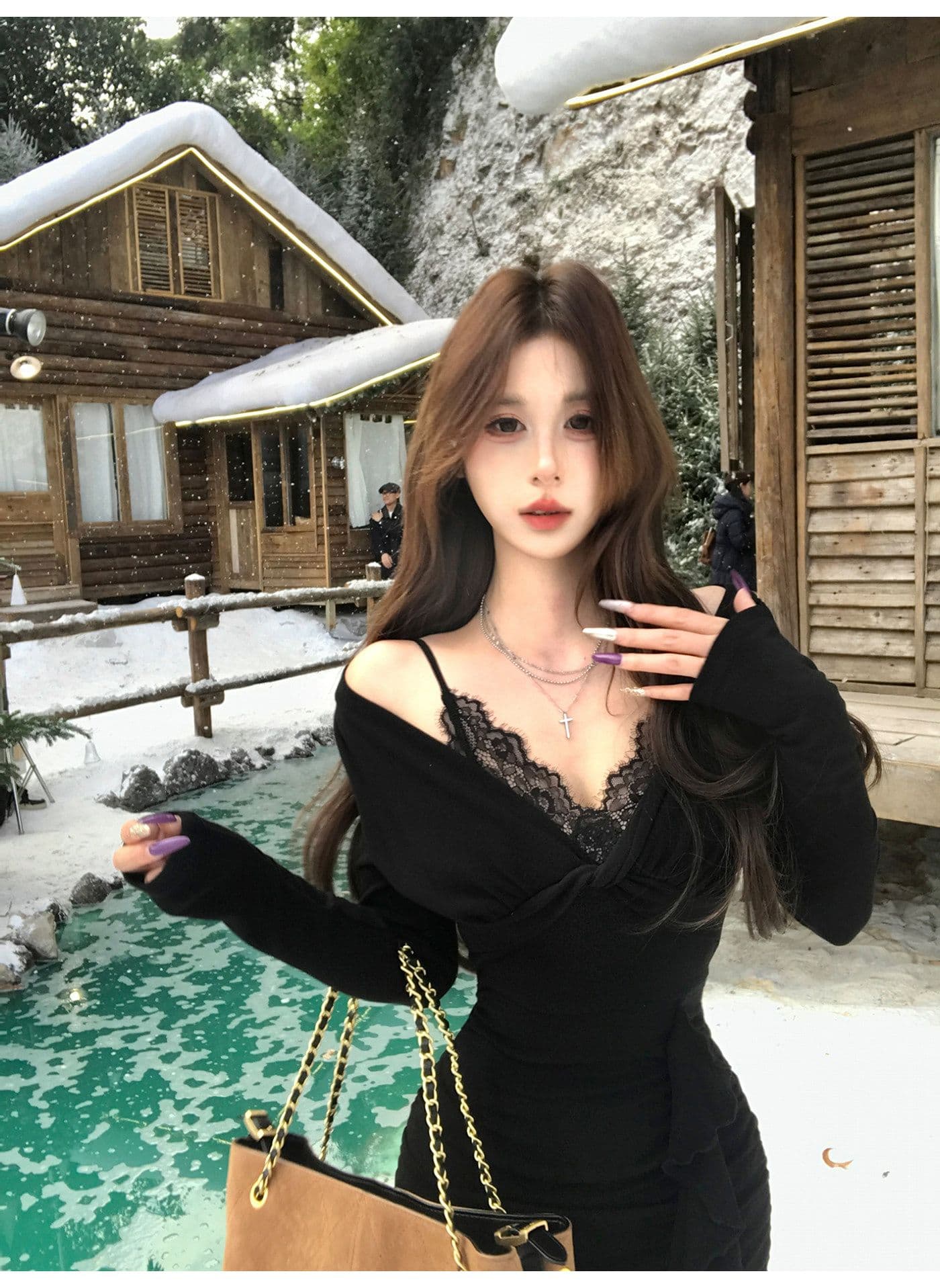 와 사고 방식 순수한 욕망 핫걸 니트 V넥 레이스 조각 여성 드레스 가을 겨울 프릴 블랙 치마 상세 이미지 5