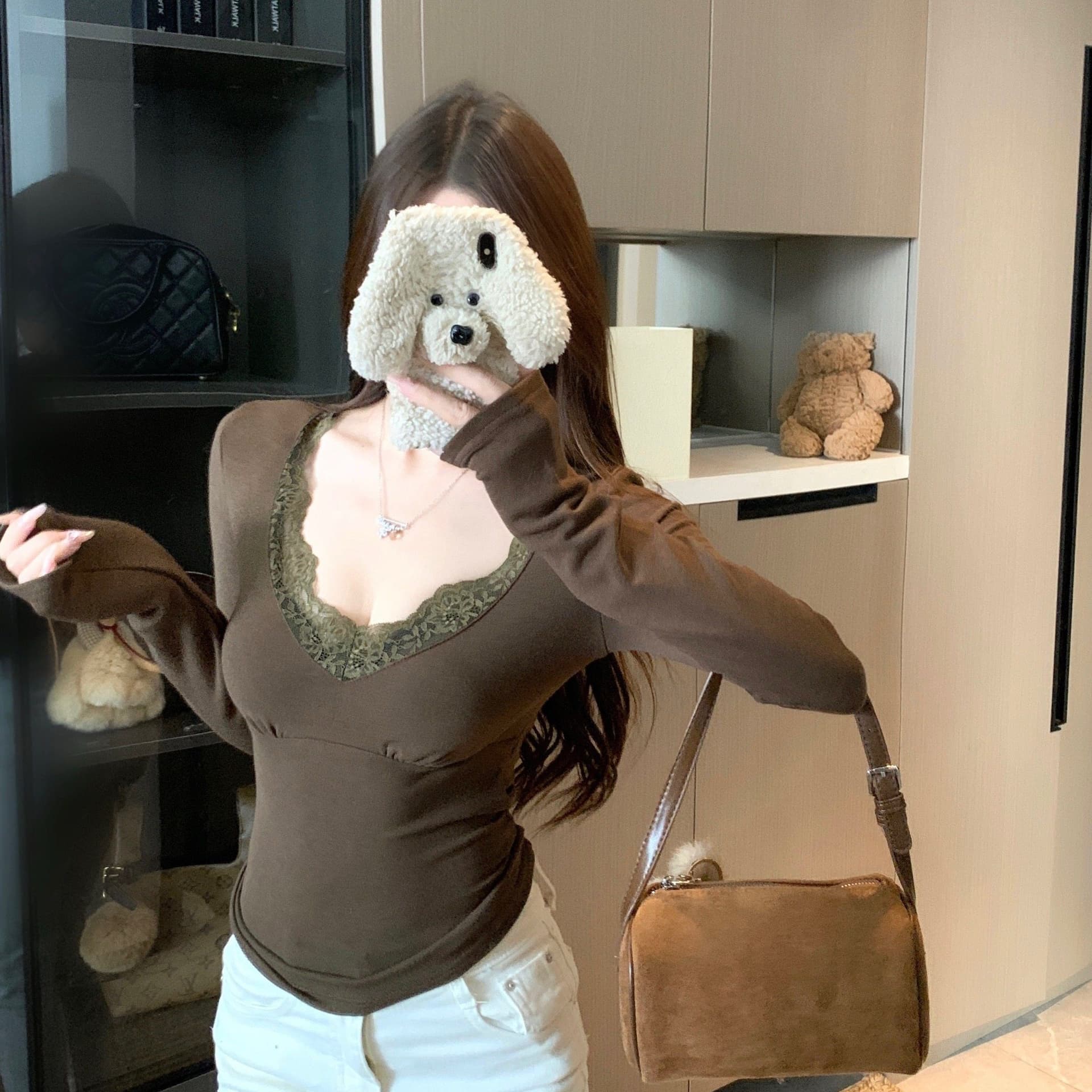순수한 욕망 레이스 레이스 긴팔 기본 셔츠 여성 이른 봄 새로운 고급 센스 몸매 가꾸기 인사이드 잡아라. 의류 수 있습니다. 외출용 이미지 5