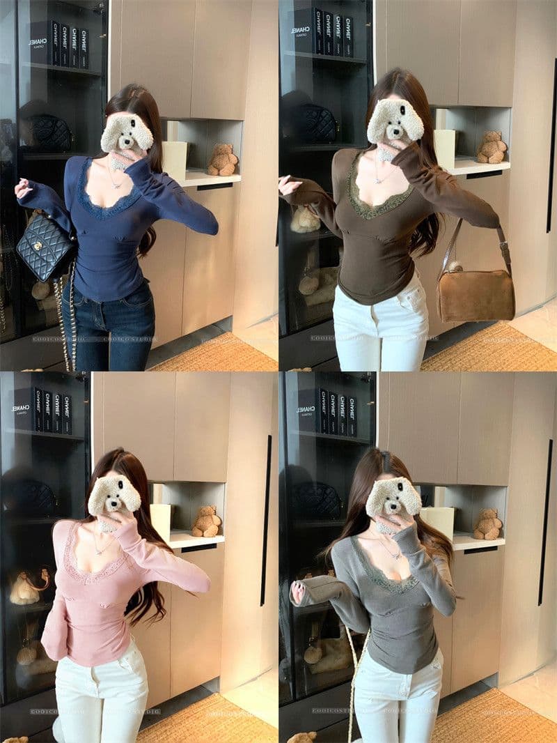 순수한 욕망 레이스 레이스 긴팔 기본 셔츠 여성 이른 봄 새로운 고급 센스 몸매 가꾸기 인사이드 잡아라. 의류 수 있습니다. 외출용 상세 이미지 2