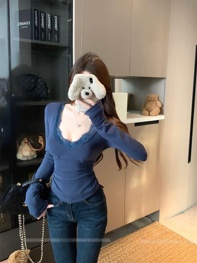 순수한 욕망 레이스 레이스 긴팔 기본 셔츠 여성 이른 봄 새로운 고급 센스 몸매 가꾸기 인사이드 잡아라. 의류 수 있습니다. 외출용 상세 이미지 8