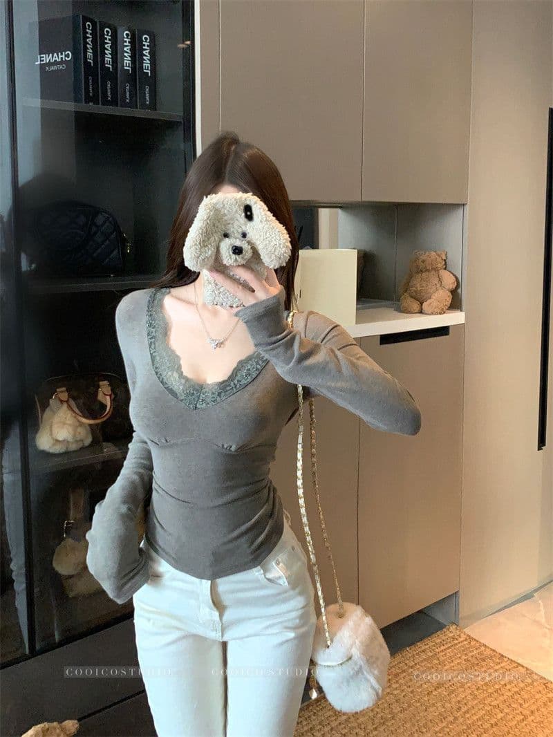 순수한 욕망 레이스 레이스 긴팔 기본 셔츠 여성 이른 봄 새로운 고급 센스 몸매 가꾸기 인사이드 잡아라. 의류 수 있습니다. 외출용 상세 이미지 19