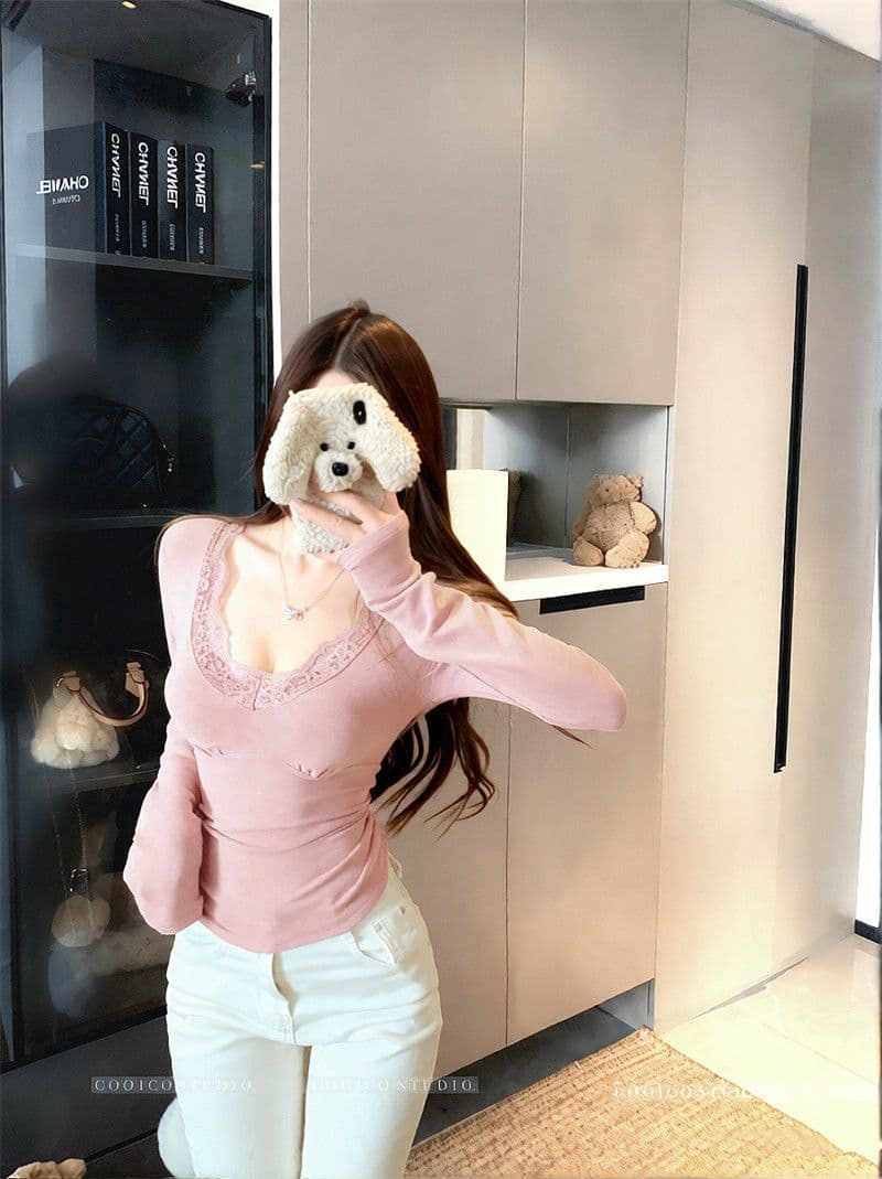 순수한 욕망 레이스 레이스 긴팔 기본 셔츠 여성 이른 봄 새로운 고급 센스 몸매 가꾸기 인사이드 잡아라. 의류 수 있습니다. 외출용 상세 이미지 21