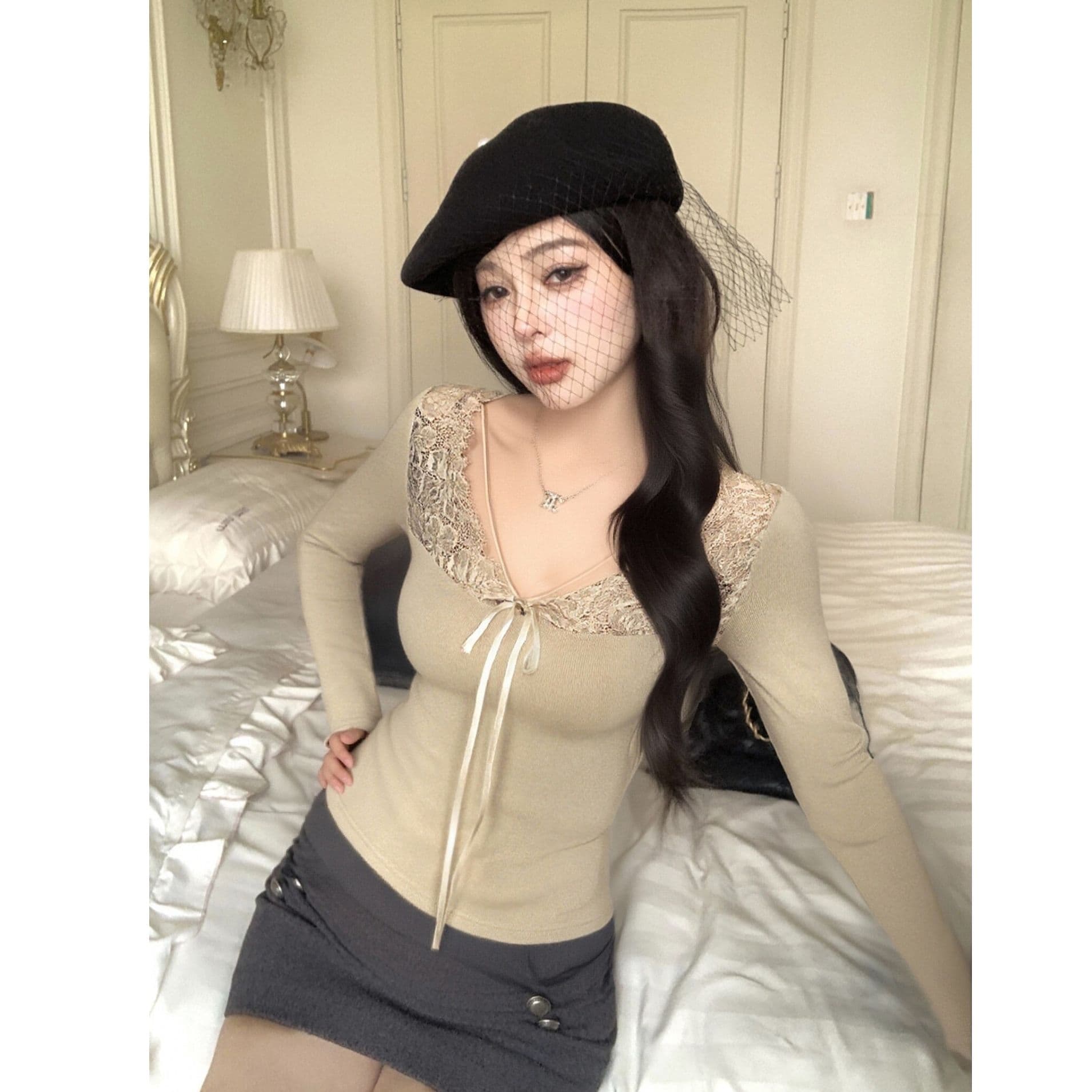 리브 De 플러시 레이스 조각 V넥 티셔츠 여성 몸매 가꾸기 인사이드 가져 가라. 기본 셔츠 섹시함 긴팔 맨위 순수한 유 보온 이미지 4