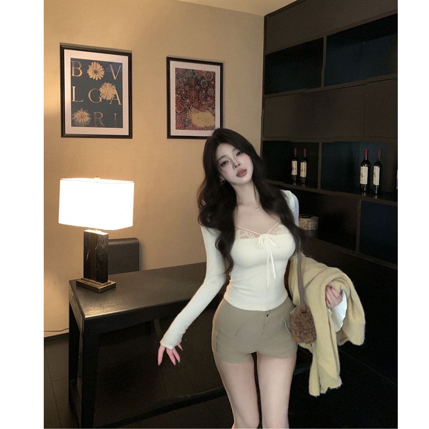 리브 De 플러시 레이스 조각 V넥 티셔츠 여성 몸매 가꾸기 인사이드 가져 가라. 기본 셔츠 섹시함 긴팔 맨위 순수한 유 보온 이미지 3