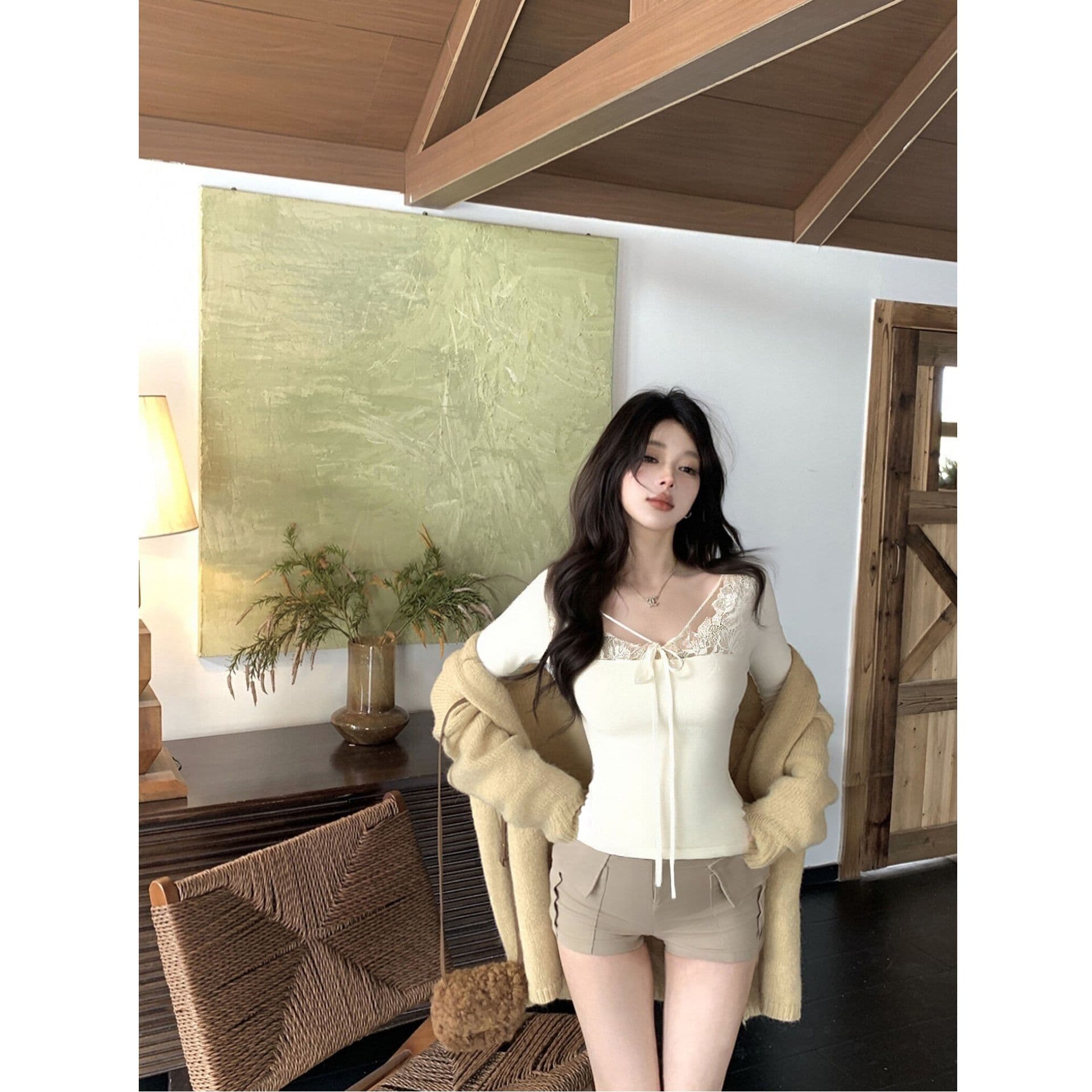 리브 De 플러시 레이스 조각 V넥 티셔츠 여성 몸매 가꾸기 인사이드 가져 가라. 기본 셔츠 섹시함 긴팔 맨위 순수한 유 보온 이미지 5