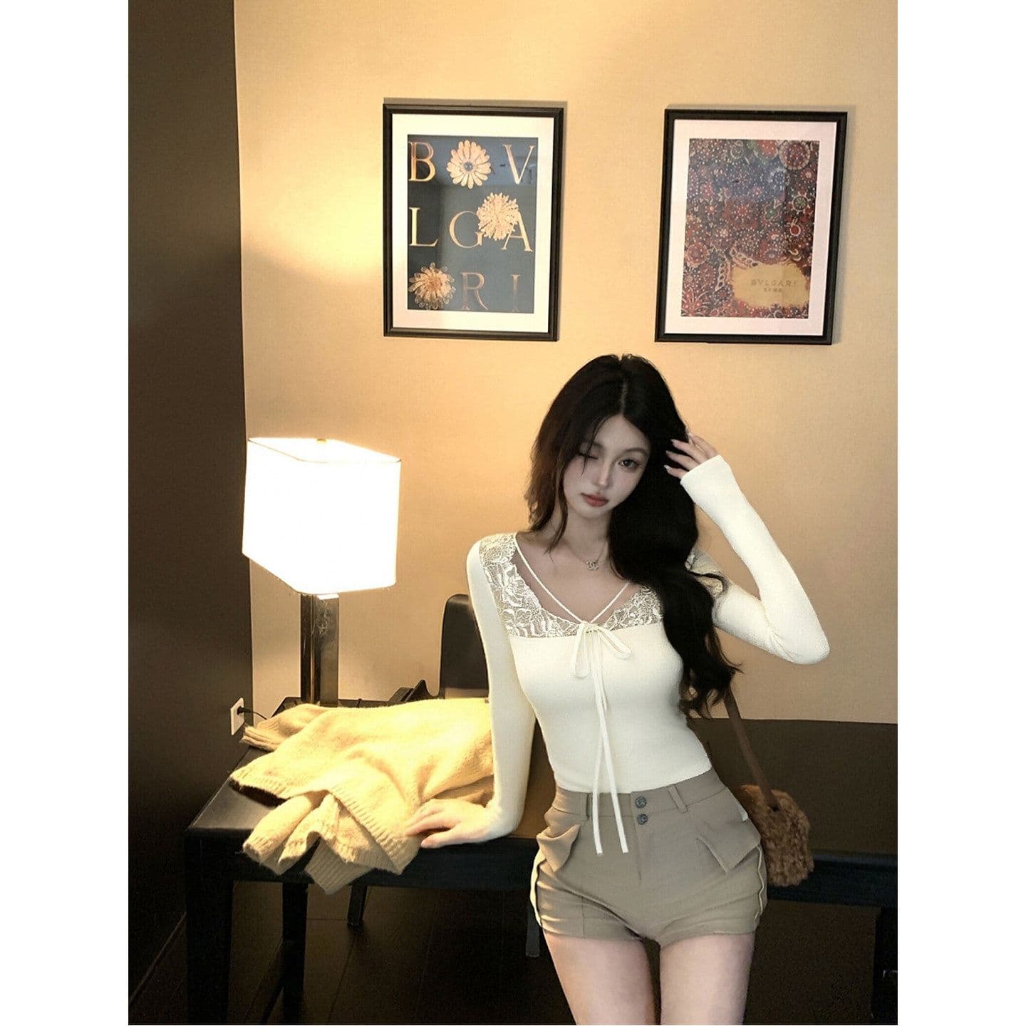 리브 De 플러시 레이스 조각 V넥 티셔츠 여성 몸매 가꾸기 인사이드 가져 가라. 기본 셔츠 섹시함 긴팔 맨위 순수한 유 보온 상세 이미지 2