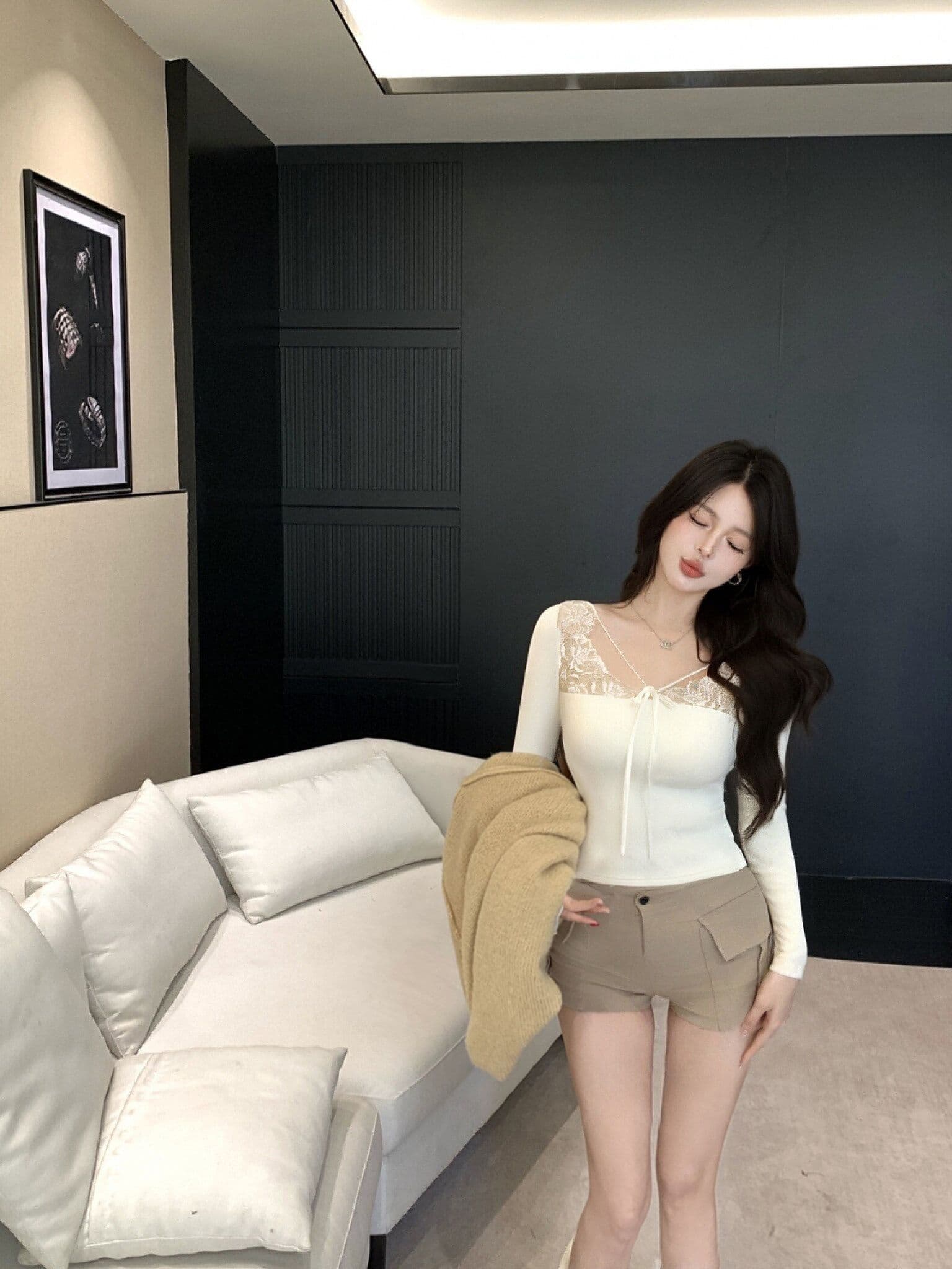 리브 De 플러시 레이스 조각 V넥 티셔츠 여성 몸매 가꾸기 인사이드 가져 가라. 기본 셔츠 섹시함 긴팔 맨위 순수한 유 보온 상세 이미지 4