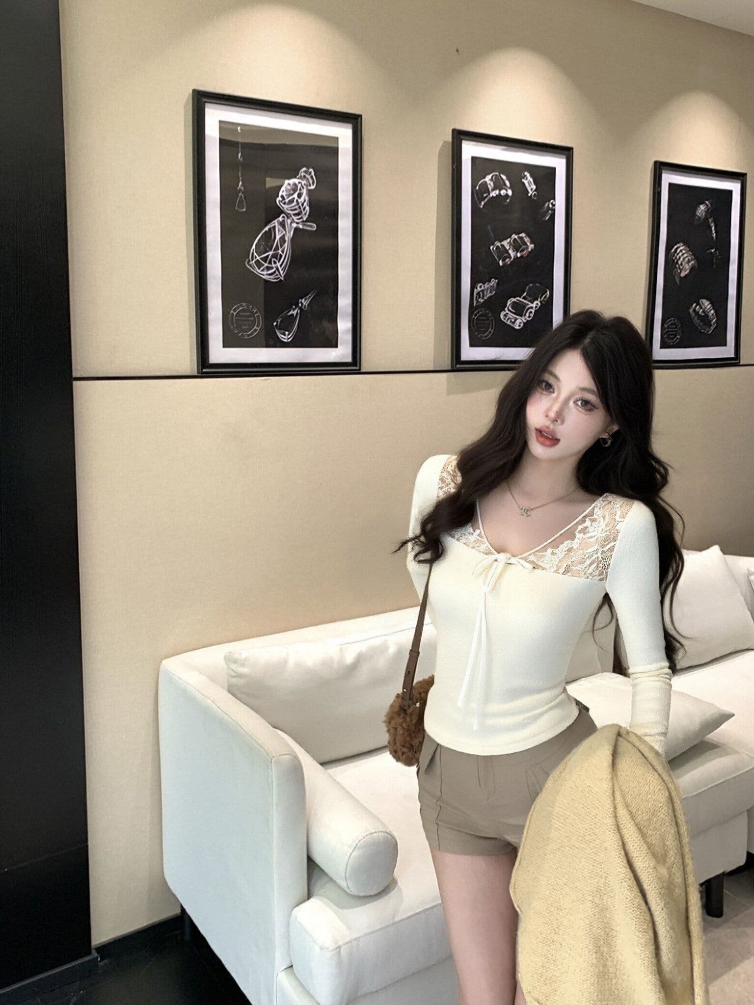 리브 De 플러시 레이스 조각 V넥 티셔츠 여성 몸매 가꾸기 인사이드 가져 가라. 기본 셔츠 섹시함 긴팔 맨위 순수한 유 보온 상세 이미지 5