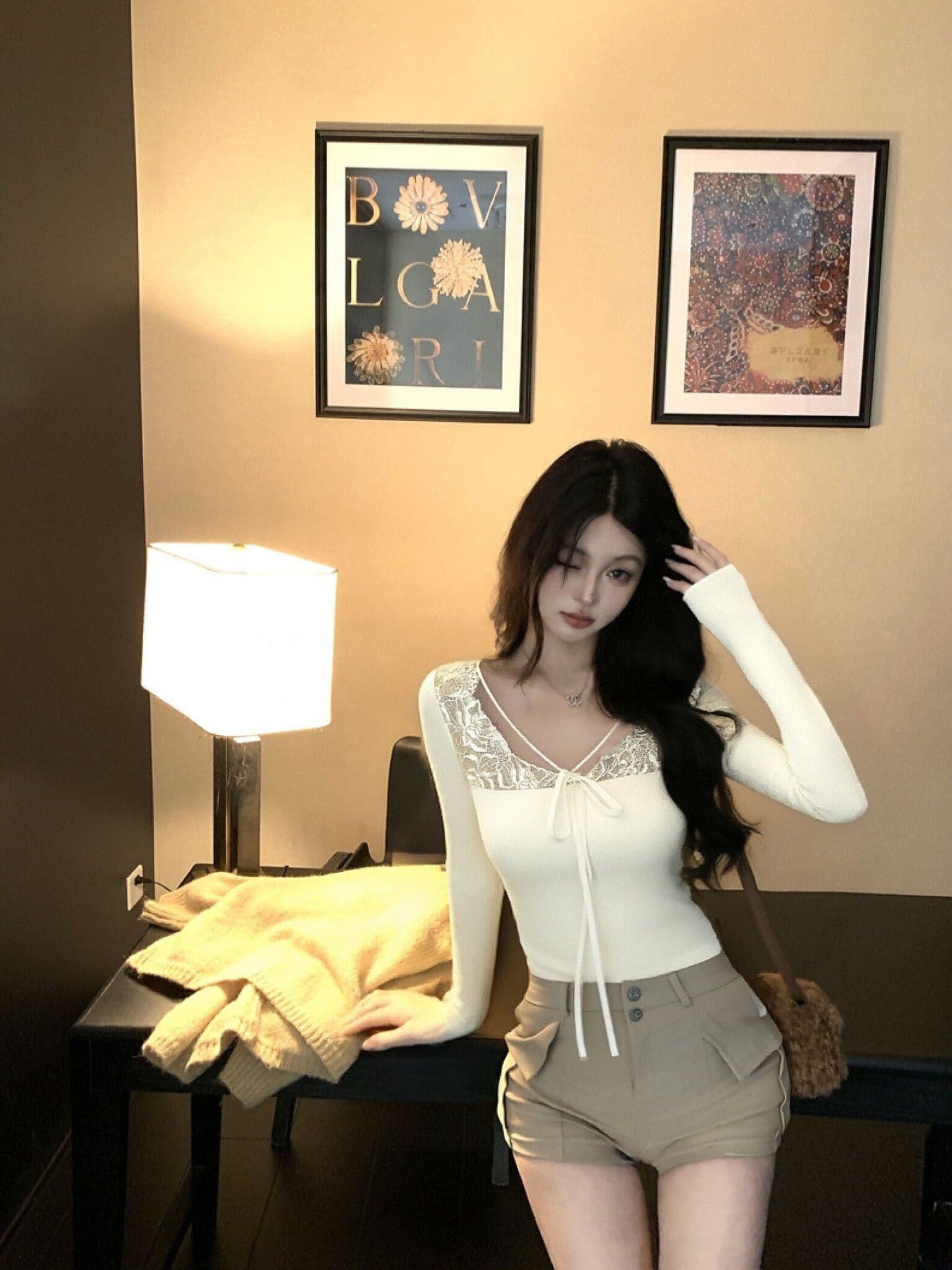 리브 De 플러시 레이스 조각 V넥 티셔츠 여성 몸매 가꾸기 인사이드 가져 가라. 기본 셔츠 섹시함 긴팔 맨위 순수한 유 보온 상세 이미지 6