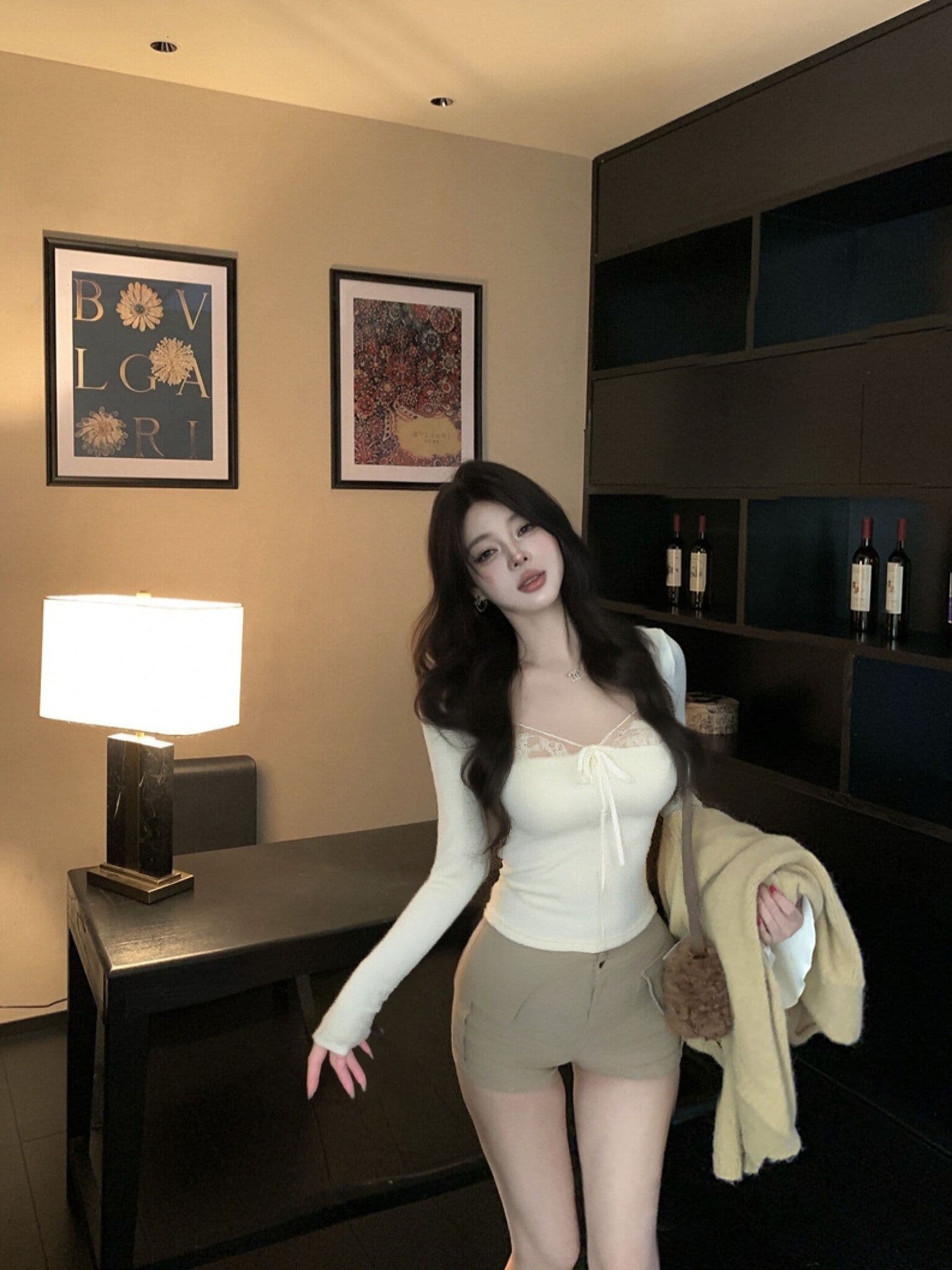리브 De 플러시 레이스 조각 V넥 티셔츠 여성 몸매 가꾸기 인사이드 가져 가라. 기본 셔츠 섹시함 긴팔 맨위 순수한 유 보온 상세 이미지 7