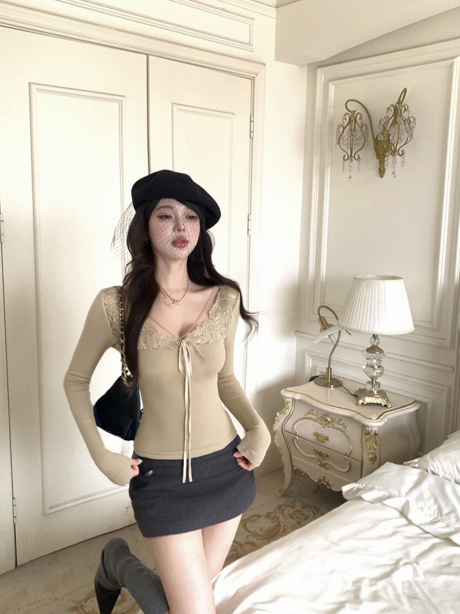 리브 De 플러시 레이스 조각 V넥 티셔츠 여성 몸매 가꾸기 인사이드 가져 가라. 기본 셔츠 섹시함 긴팔 맨위 순수한 유 보온 상세 이미지 9