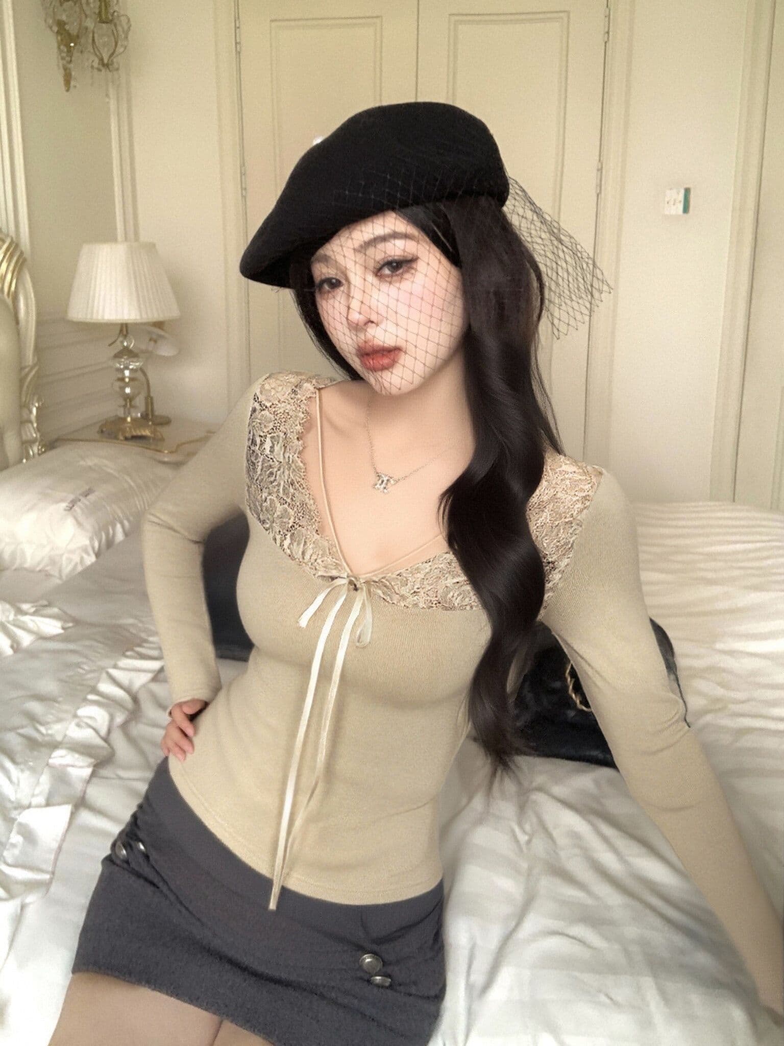 리브 De 플러시 레이스 조각 V넥 티셔츠 여성 몸매 가꾸기 인사이드 가져 가라. 기본 셔츠 섹시함 긴팔 맨위 순수한 유 보온 상세 이미지 10