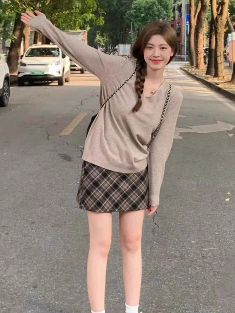 V넥 부드러운 찹쌀 긴팔 니트 스웨터 여성 가을 겨울 chic 루즈핏 느긋한 바람 인사이드 가져 가라. 스웨터 오트밀 기본 셔츠 맨위 상세 이미지 2