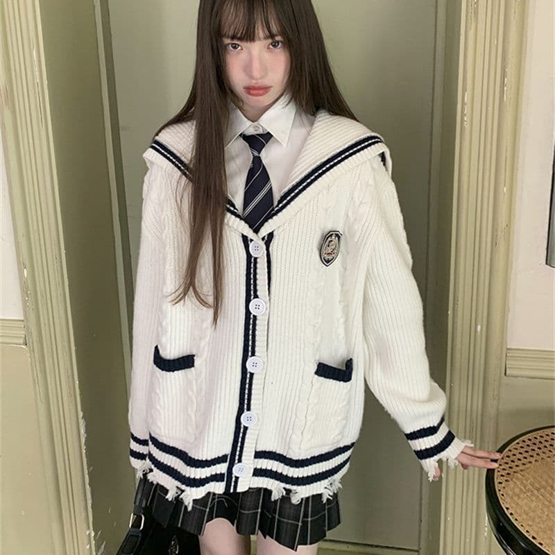 봄 가을 겨울 스웨터 오픈 가디건 여성 코트 학원 스타일 연령 감소 루즈핏 해군 칼라 니트 스웨터 맨위 이미지 4