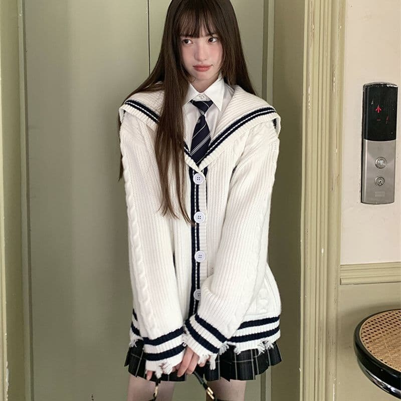 봄 가을 겨울 스웨터 오픈 가디건 여성 코트 학원 스타일 연령 감소 루즈핏 해군 칼라 니트 스웨터 맨위 상세 이미지 3