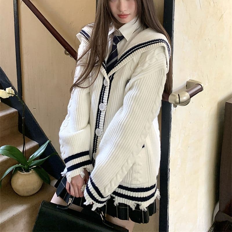 봄 가을 겨울 스웨터 오픈 가디건 여성 코트 학원 스타일 연령 감소 루즈핏 해군 칼라 니트 스웨터 맨위 상세 이미지 5