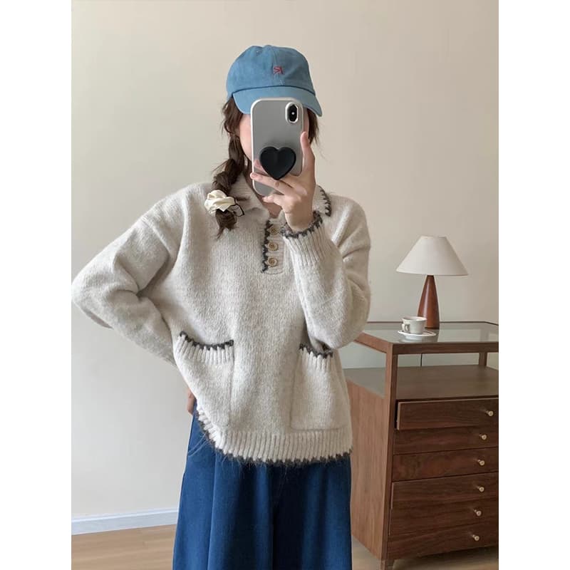 한 부서 레트로 배색 인형 폴로 칼라 스웨터 여자 느긋한 고급 센스 봄 가을 새로운 니트 스웨터 품격 부드러운 찹쌀 상세 이미지 1