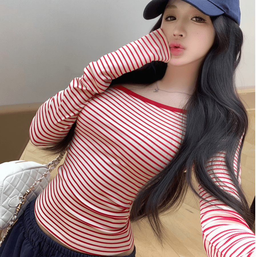 핑크색 스트라이프 비스듬한 어깨 긴팔 티셔츠 여성 봄 여름 순수한 욕망 바람 허리 수축 몸매 가꾸기 타이트 기본 셔츠 작은 키 맨위 이미지 3
