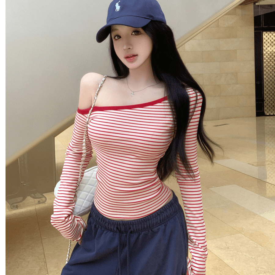 핑크색 스트라이프 비스듬한 어깨 긴팔 티셔츠 여성 봄 여름 순수한 욕망 바람 허리 수축 몸매 가꾸기 타이트 기본 셔츠 작은 키 맨위
