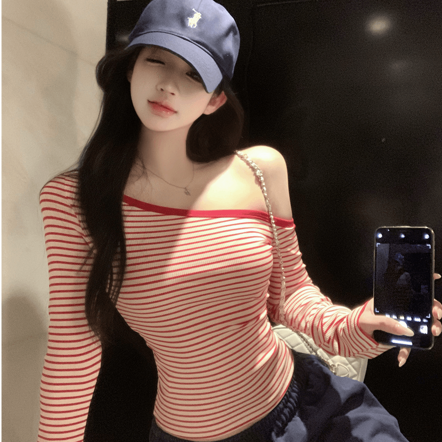 핑크색 스트라이프 비스듬한 어깨 긴팔 티셔츠 여성 봄 여름 순수한 욕망 바람 허리 수축 몸매 가꾸기 타이트 기본 셔츠 작은 키 맨위 이미지 2
