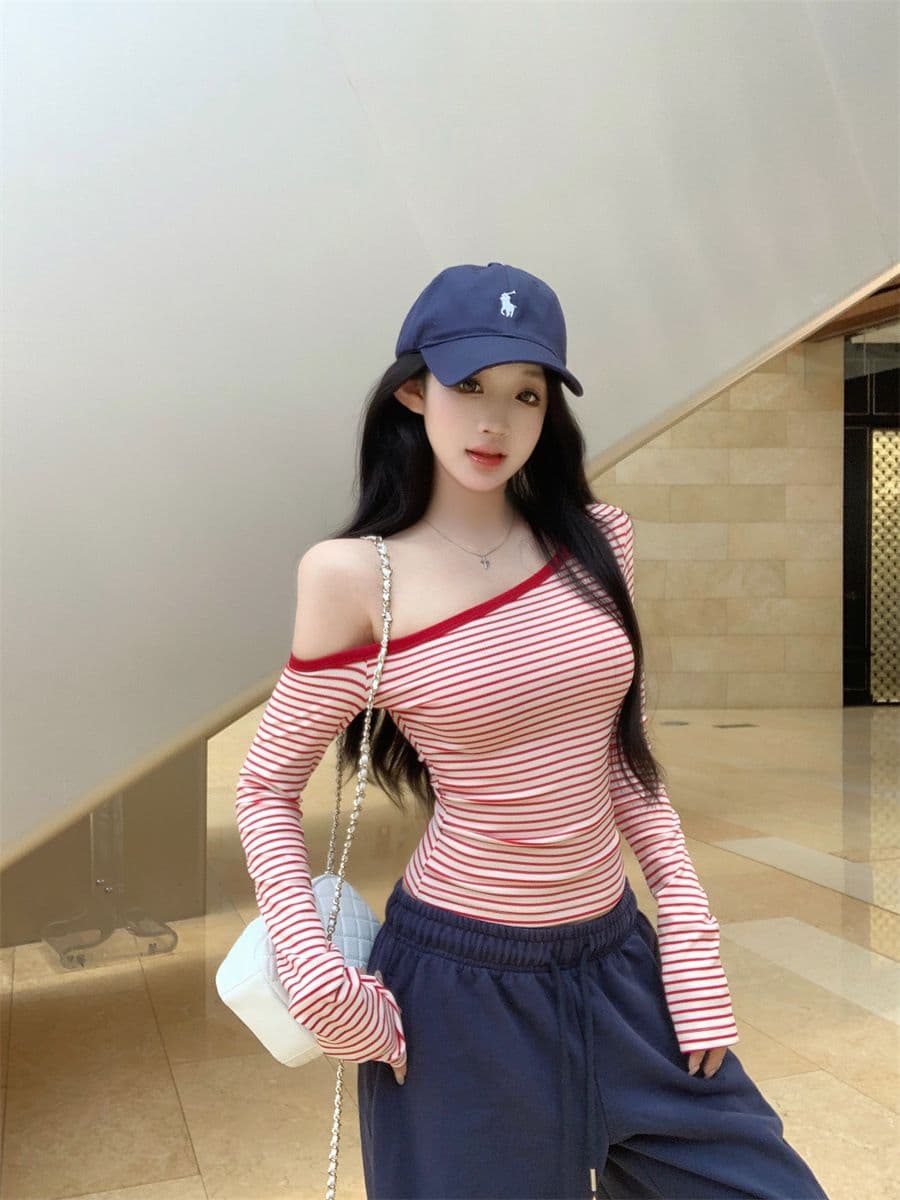 핑크색 스트라이프 비스듬한 어깨 긴팔 티셔츠 여성 봄 여름 순수한 욕망 바람 허리 수축 몸매 가꾸기 타이트 기본 셔츠 작은 키 맨위 상세 이미지 2