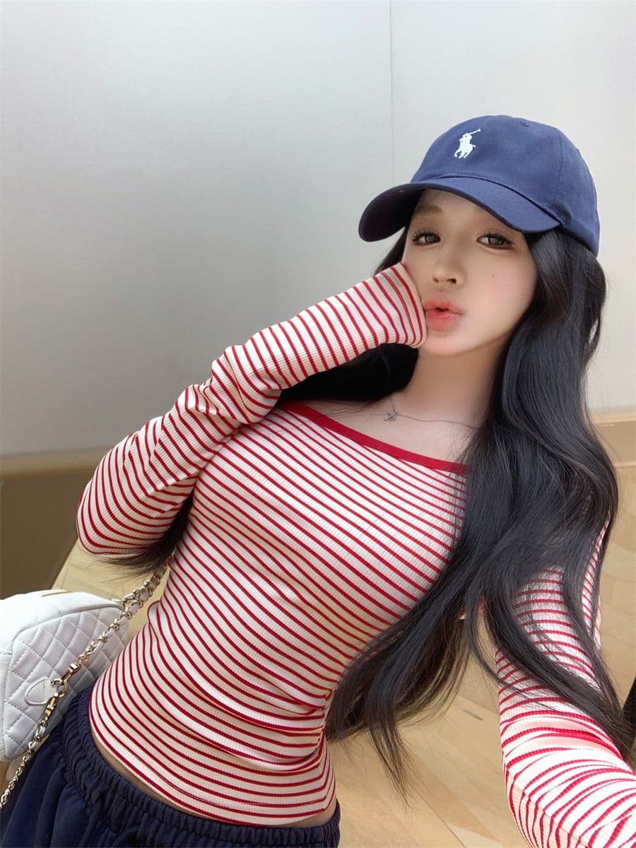 핑크색 스트라이프 비스듬한 어깨 긴팔 티셔츠 여성 봄 여름 순수한 욕망 바람 허리 수축 몸매 가꾸기 타이트 기본 셔츠 작은 키 맨위 상세 이미지 3