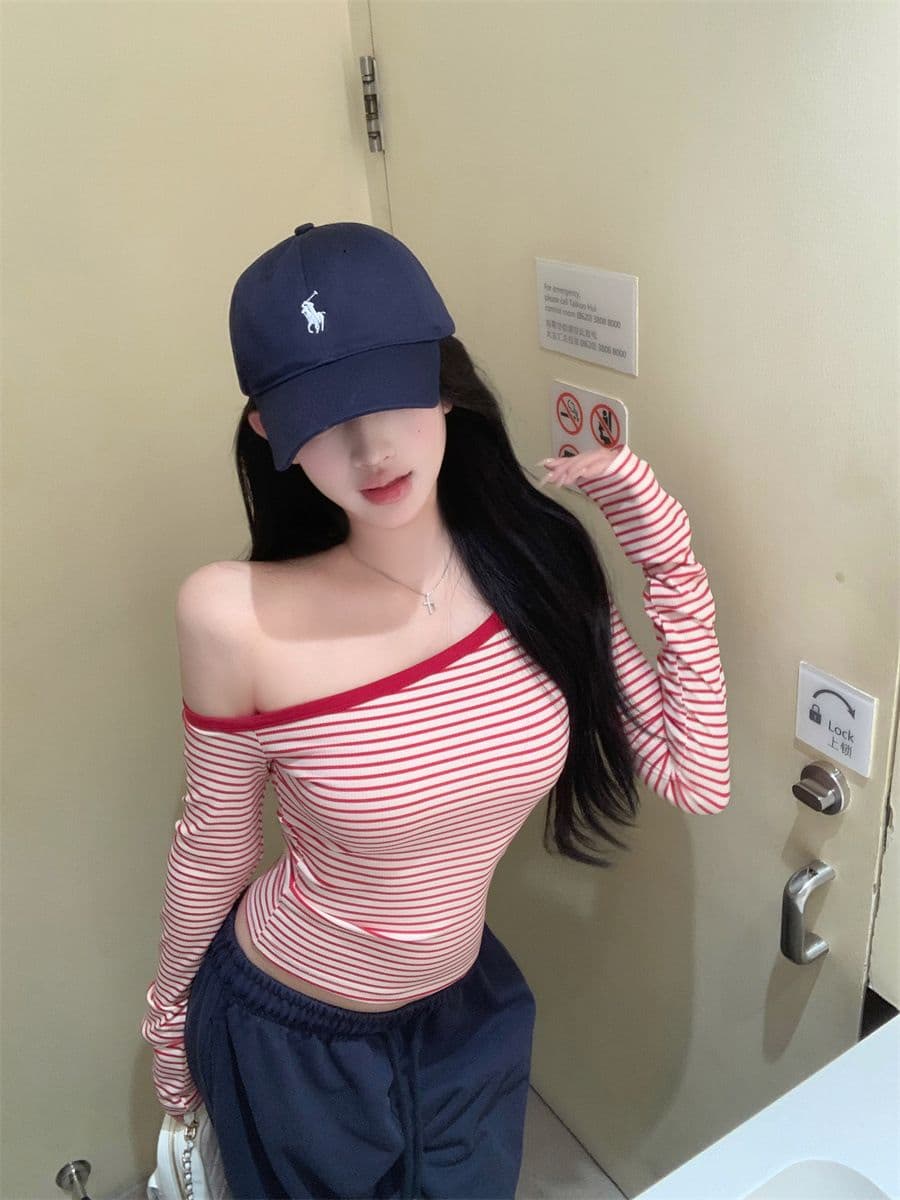 핑크색 스트라이프 비스듬한 어깨 긴팔 티셔츠 여성 봄 여름 순수한 욕망 바람 허리 수축 몸매 가꾸기 타이트 기본 셔츠 작은 키 맨위 상세 이미지 5