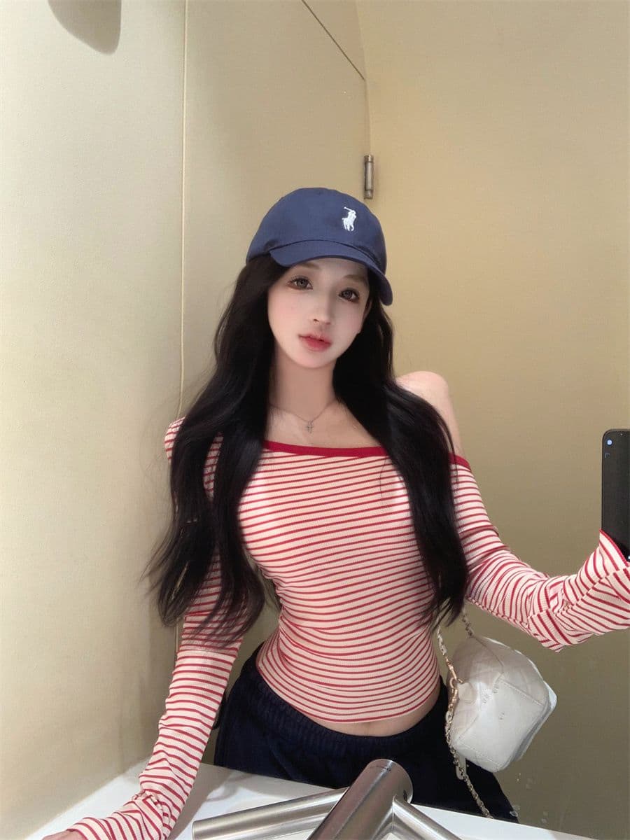핑크색 스트라이프 비스듬한 어깨 긴팔 티셔츠 여성 봄 여름 순수한 욕망 바람 허리 수축 몸매 가꾸기 타이트 기본 셔츠 작은 키 맨위 상세 이미지 6