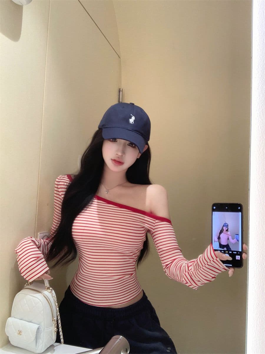 핑크색 스트라이프 비스듬한 어깨 긴팔 티셔츠 여성 봄 여름 순수한 욕망 바람 허리 수축 몸매 가꾸기 타이트 기본 셔츠 작은 키 맨위 상세 이미지 7