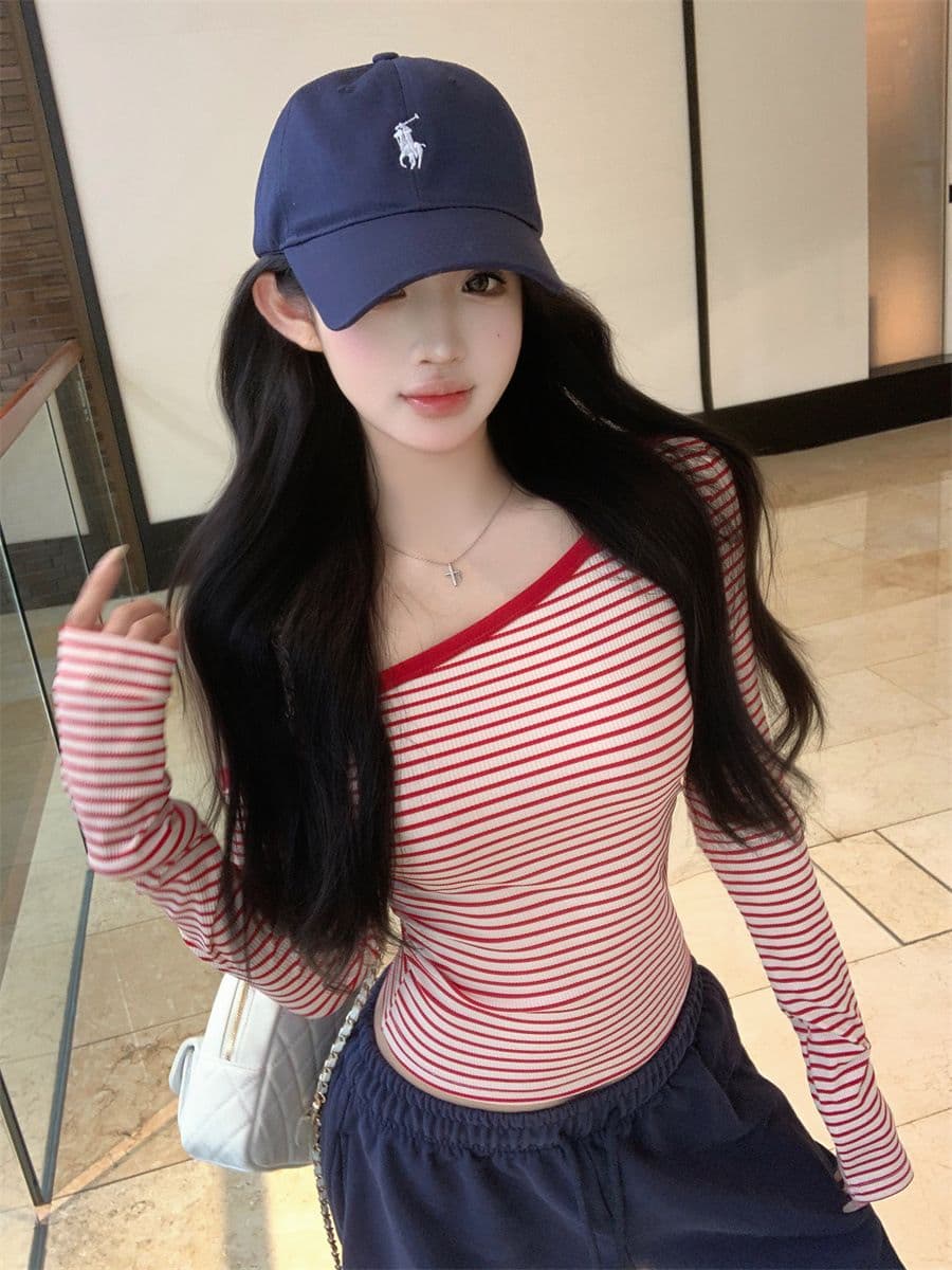 핑크색 스트라이프 비스듬한 어깨 긴팔 티셔츠 여성 봄 여름 순수한 욕망 바람 허리 수축 몸매 가꾸기 타이트 기본 셔츠 작은 키 맨위 상세 이미지 8