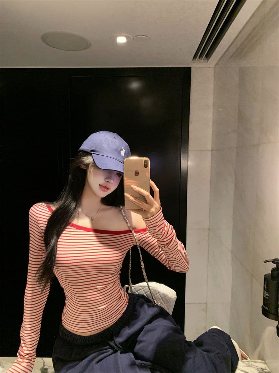 핑크색 스트라이프 비스듬한 어깨 긴팔 티셔츠 여성 봄 여름 순수한 욕망 바람 허리 수축 몸매 가꾸기 타이트 기본 셔츠 작은 키 맨위 상세 이미지 9