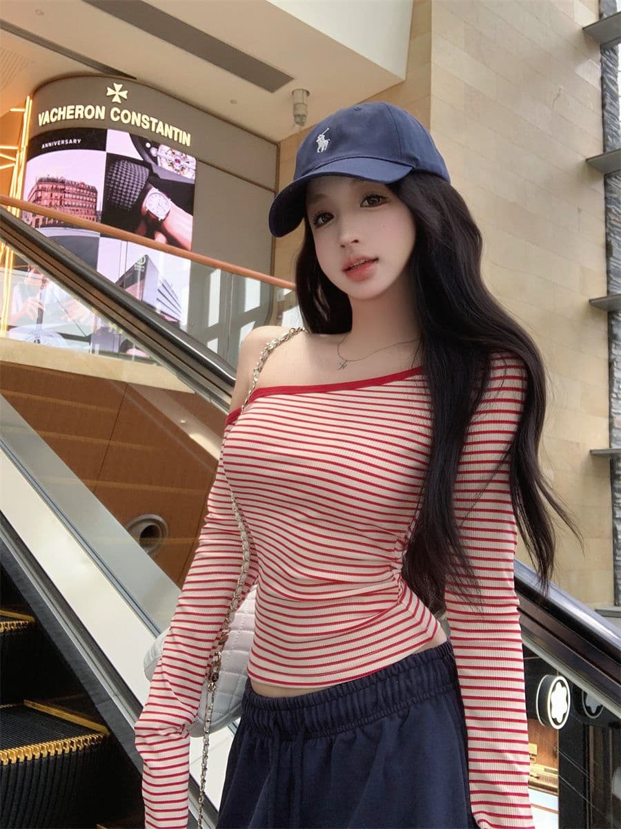 핑크색 스트라이프 비스듬한 어깨 긴팔 티셔츠 여성 봄 여름 순수한 욕망 바람 허리 수축 몸매 가꾸기 타이트 기본 셔츠 작은 키 맨위 상세 이미지 11