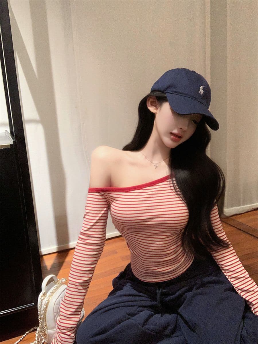 핑크색 스트라이프 비스듬한 어깨 긴팔 티셔츠 여성 봄 여름 순수한 욕망 바람 허리 수축 몸매 가꾸기 타이트 기본 셔츠 작은 키 맨위 상세 이미지 12