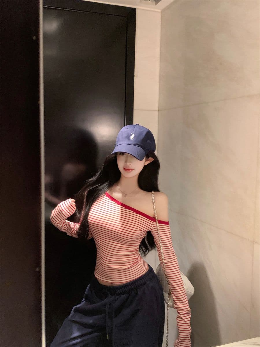 핑크색 스트라이프 비스듬한 어깨 긴팔 티셔츠 여성 봄 여름 순수한 욕망 바람 허리 수축 몸매 가꾸기 타이트 기본 셔츠 작은 키 맨위 상세 이미지 14