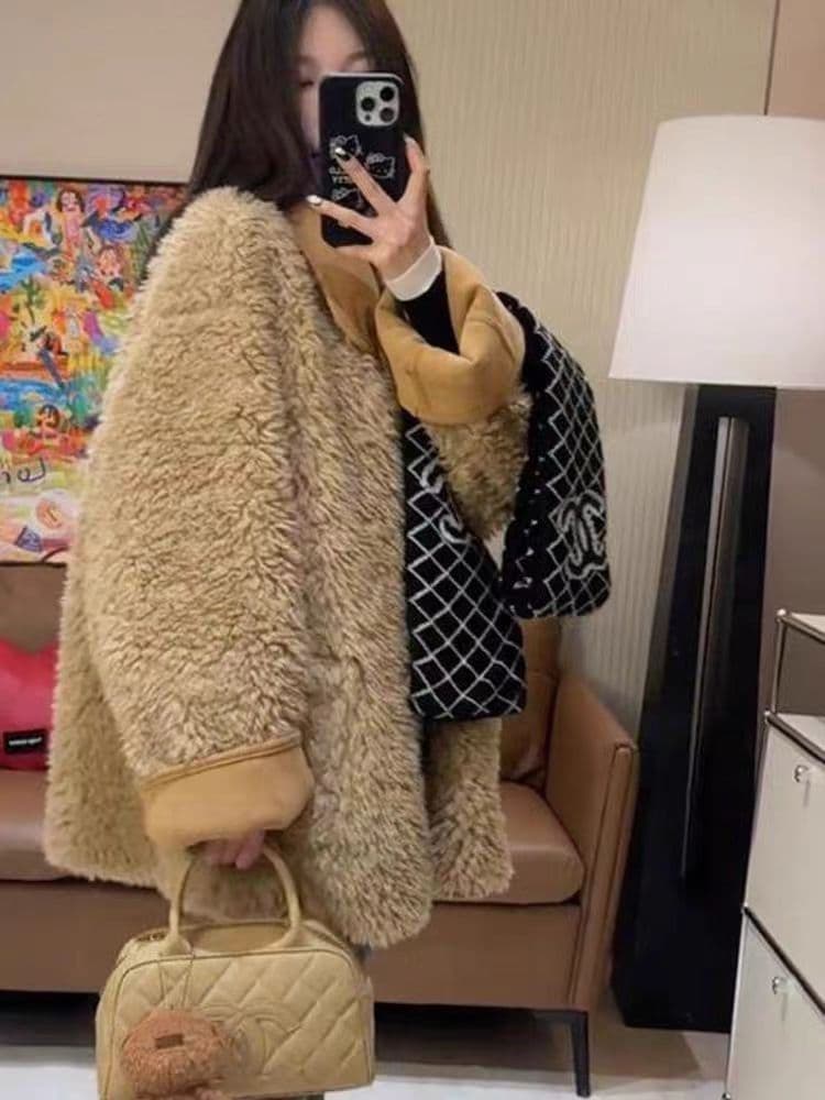 원본 품질 둘 착용 피모 하나 양털 오토바이 서비스 가을 겨울 루즈핏 두꺼운 스웨이드 모피 재킷 이미지 4